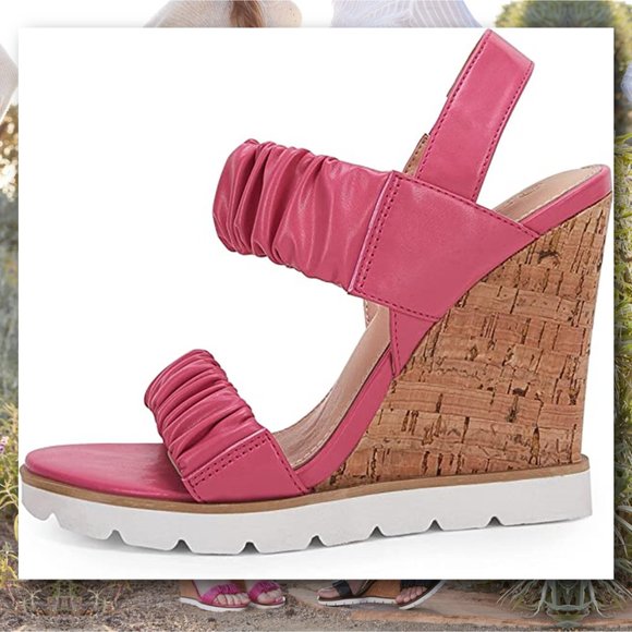 PIEPIEBUY Flirty Ruched Faux Leather High Cork Wedge Sandals NEW IN BOX! - Picture 3 of 8